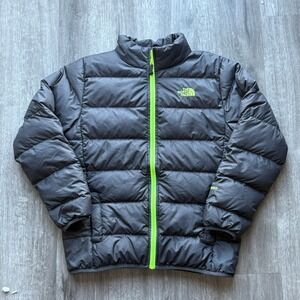 The North Face Boys Puffer 550 Jacket Grey Neon Green Zip Size L 14 16